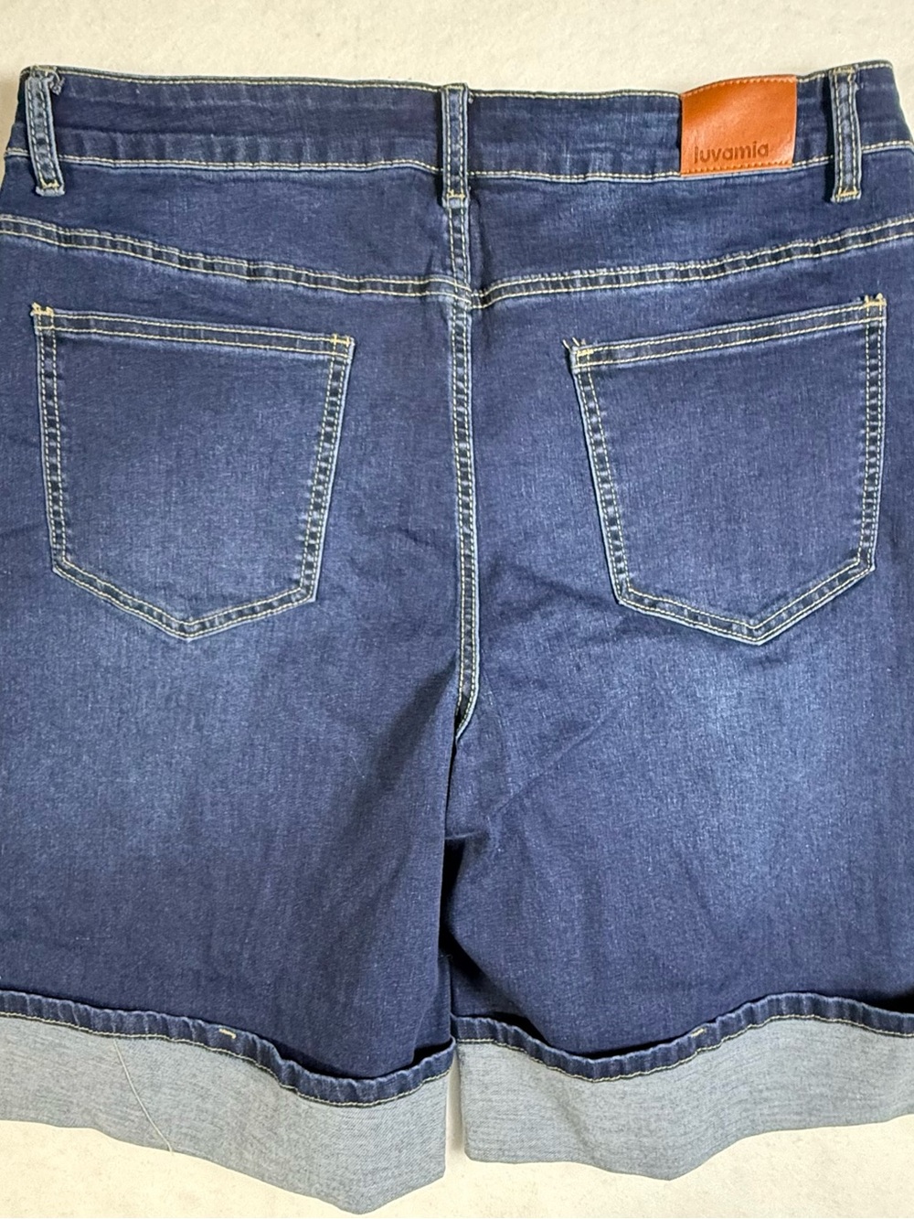 Luvamia Women's Dark Blue Denim Cuffed Jean Shorts